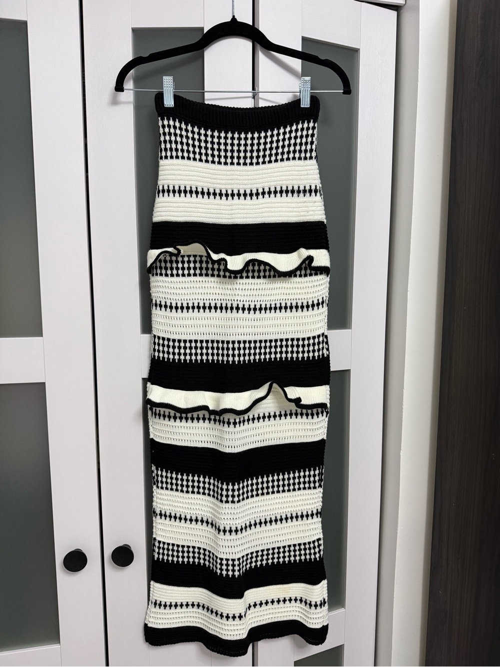 PrettyLittleThing Black & White Striped Midi Skirt with Ruffle Panels